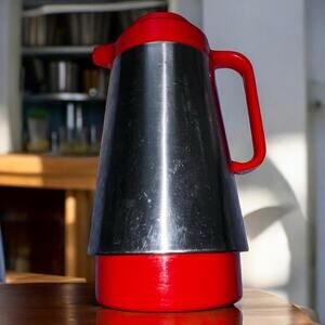 Vintage Corning Thermique Coffee Carafe Thermos Red Chrome 1970s USA